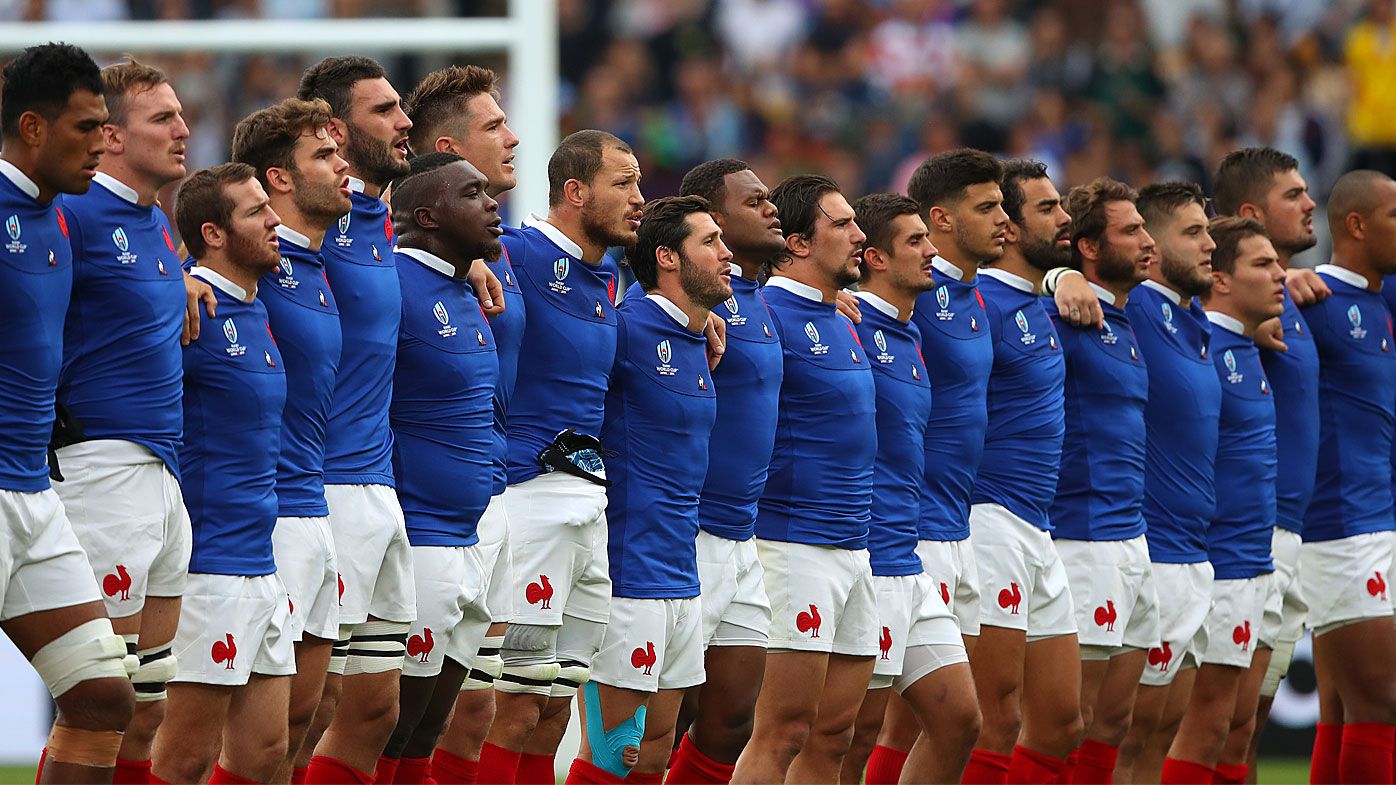 France players line up for the national anthem 