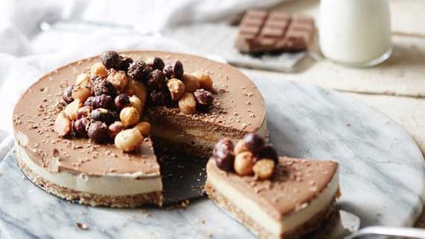 Raw mocha cheesecake with candied macadamia and hazelnuts