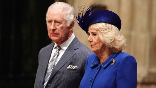 King Charles III and Camilla, Queen Consort attend the annual Commonwealth Day Service at Westminster Abbey on March 13, 2023 in London 