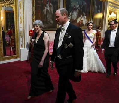 Theresa May with the Duke and Duchess of Cambridge and United States Secretary of the Treasury, Steven Mnuchin, arrive ahead of the State Banquet at Buckingham Palace.