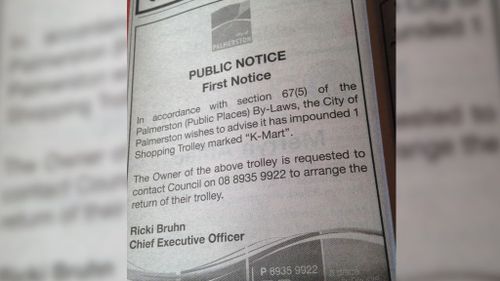The ad from Palmerston council seeking the owner of a K-Mart trolley. It wasn't clear from the branding. (@natashagriggsMP)