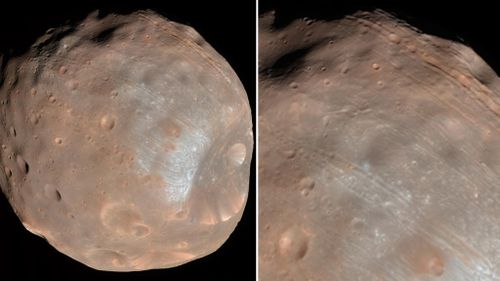 Phobos' gravitational "stretch marks". (NASA)