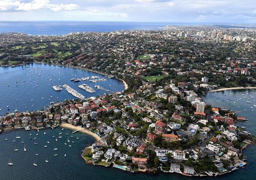 An aerial image of waterfront properties in Sydney