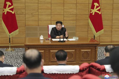 In this photo provided by the North Korean government, North Korean leader Kim Jong Un attends aa ruling party politburo meeting in Pyongyang, North Korea Saturday, May 21, 2022.