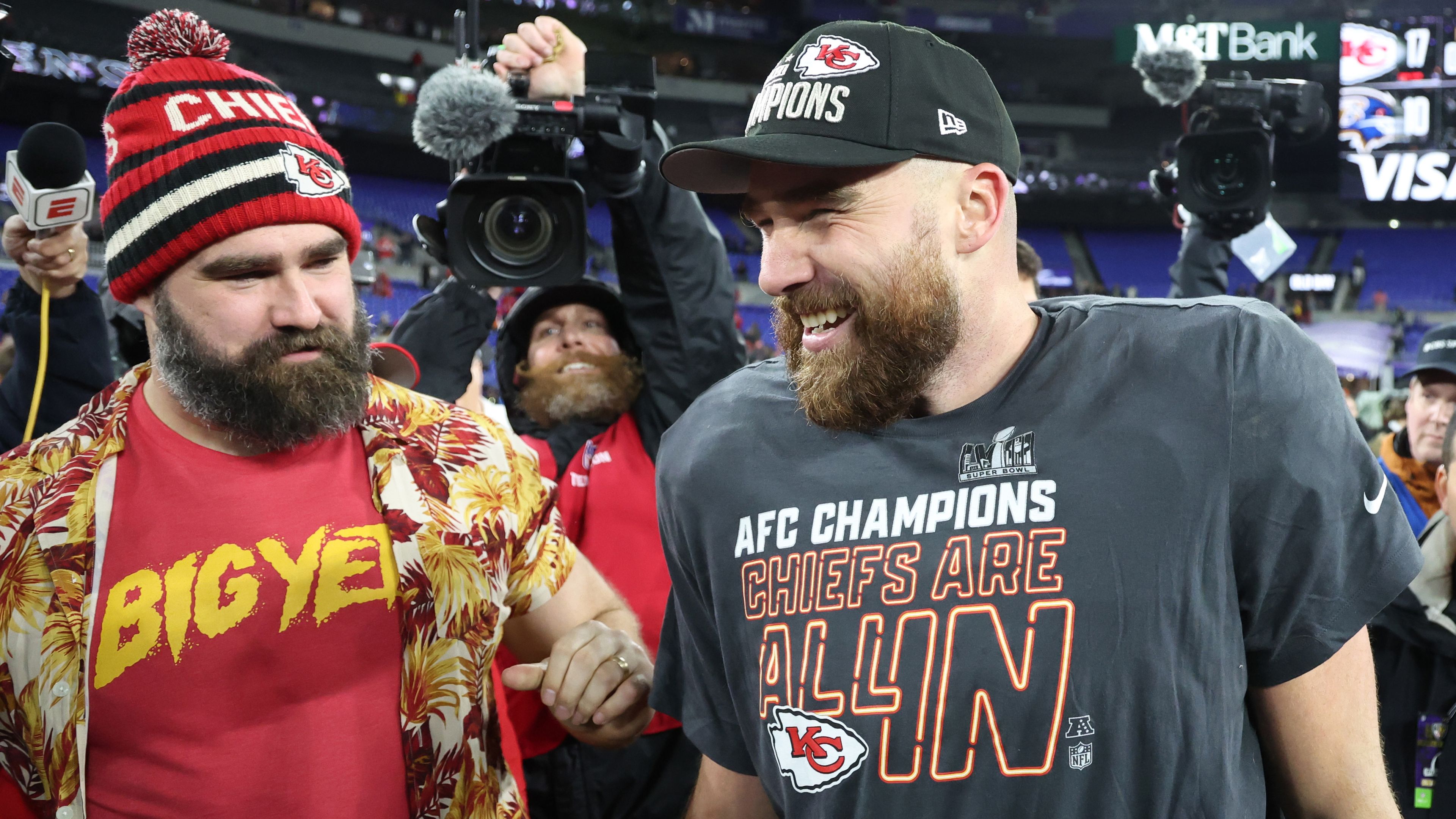 BALTIMORE, MARYLAND - JANUARY 28: Travis Kelce #87 of the Kansas City Chiefs celebrates with his brother Jason Kelce after a 17-10 victory against the Baltimore Ravens in the AFC Championship Game at M&amp;T Bank Stadium on January 28, 2024 in Baltimore, Maryland. (Photo by Rob Carr/Getty Images)
