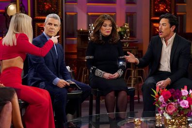 L-R: Ariana Madix, Andy Cohen, Lisa Vanderpump and Tom Sandoval during the reunion episode for "Vanderpump Rules".