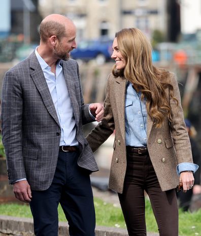 TOBERMORY, SCOTLAND - APRIL 29: Prince William, Prince of Wales, known as the Duke of Rothesay and Catherine, Princess of Wales, known as the Duchess of Rothesay when in Scotland, smile during a tour of an artisan market on April 29, 2025 in Tobermory, Scotland. The Prince and Princess of Wales are on a two-day visit to the Isles of Mull and Iona on the 29th and 30th of April to engage with rural island communities. During their time on the islands, they will connect with local residents, highli