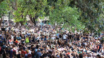 Demonstrators participate in a Invasion Day protest at Belmore Park, Sydney, on January 26.