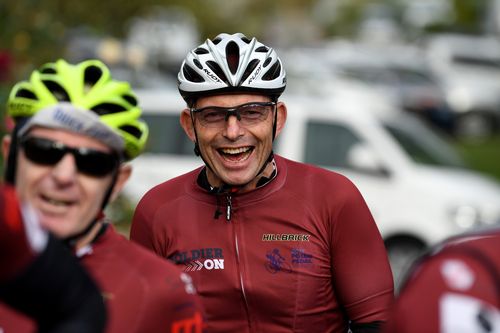 Tony Abbott is seen during the Pollie Pedal Bike Ride in Warragul, Victoria, today. (AAP)