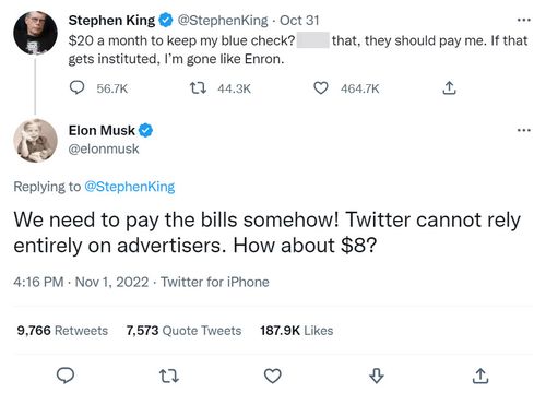 Elon Musk replies to author Stephen King on Twitter, about likely looming costs for the verified blue tick.