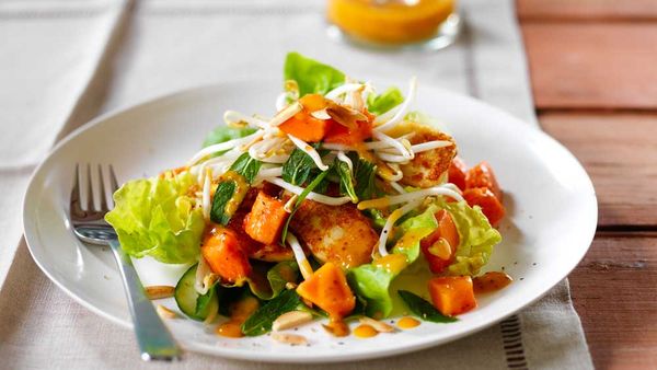 Red papaya salad with pan fried haloumi by Papaya Australia