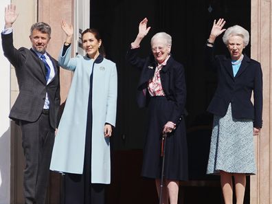Denmark's King Frederik X, Queen Mary, Queen Margrethe and Princess Benedikte wave from Fredensborg Castle during the celebration of Queen Margrethe's 84th birthday in Fredensborg, Denmark, April 16, 2024.