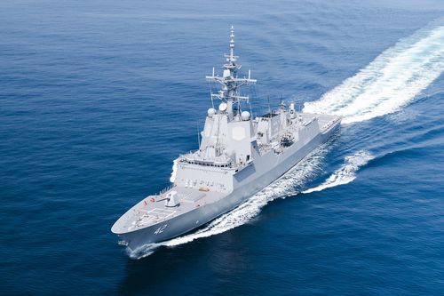 HMAS Sydney sails through the Yellow Sea during Operation Argos.