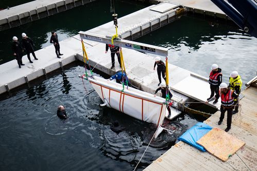The Sea Life Trust team transfer Little White to their bayside care pool for a short period of time to acclimatise to their new natural environment at the open water sanctuary in Klettsvik Bay in Iceland. 