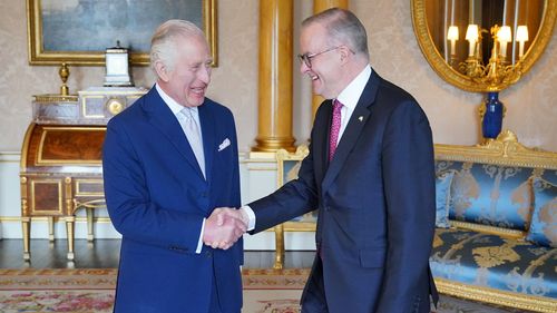 King Charles III hosts an Audience with the Australian Prime Minister Anthony Albanese at Buckingham Palace on May 2, 2023 in London 