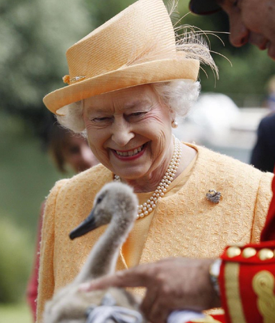 The Queen at the annual Swan Upping event in 2009 smiling at a baby bird.