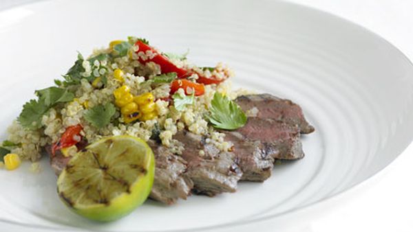 Chargrilled lamb backstraps with corn and capsicum quinoa