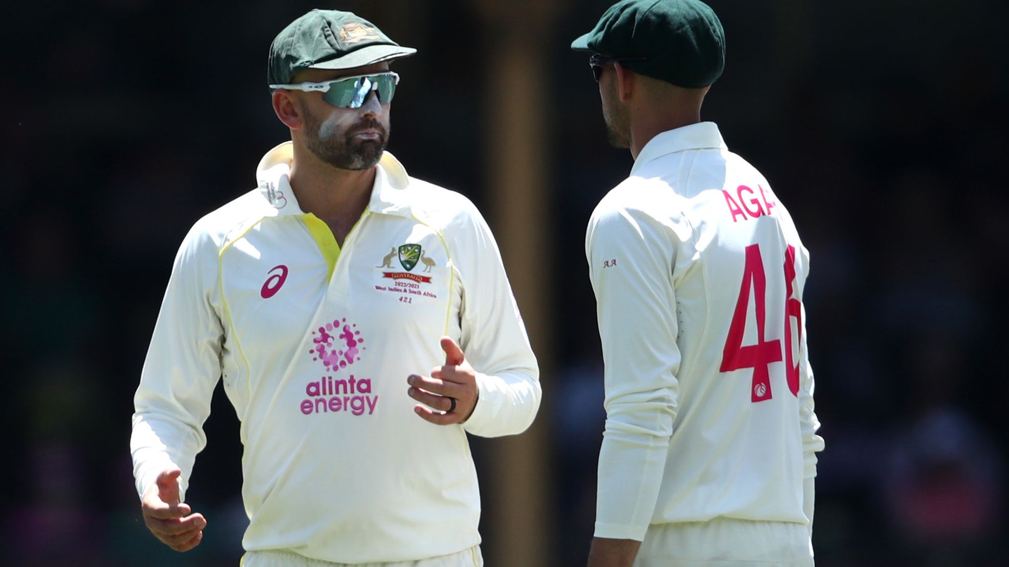 Nathan Lyon speaks to Ashton Agar of Australia during day five of the SCG Test match. (Photo by Jason McCawley - CA/Cricket Australia via Getty Images)
