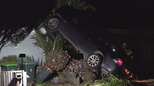 A car has been left teetering with its front in the air after smashing into the front yard of a family home in Melbourne late at night.