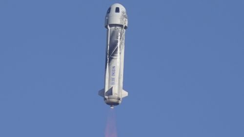 Blue Origin's New Shepard rocket launches carrying passengers William Shatner, Chris Boshuizen, Audrey Powers and Glen de Vries from its spaceport near Van Horn, Texas.