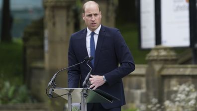 Prince William gives a speech as he and his wife Kate attend the launch of the Glade of Light Memorial, outside Manchester Cathedral, which commemorates the victims of a suicide bomb attack at a 2017 Ariana Grande concert, in Manchester, England, Tuesday, May 10, 2022. 