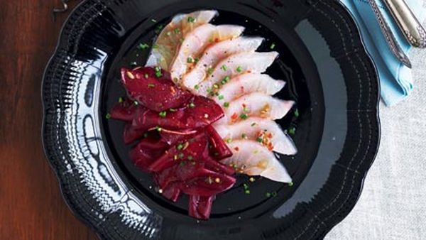Sashimi of mulloway with beetroot pickle
