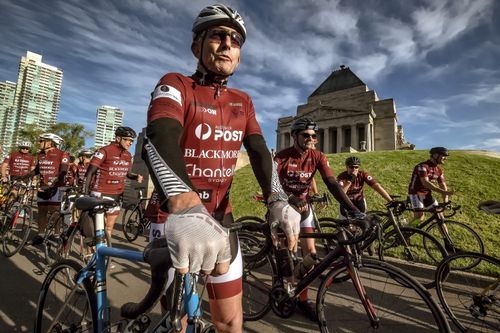 Former PM Tony Abbott yesterday starting the Pollie Pedal Bike Ride at the Shrine of Remembrance in Melbourne. Picture: AAP