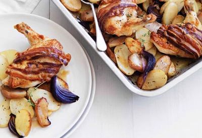 Cider-roasted chicken with speck, apple and potato