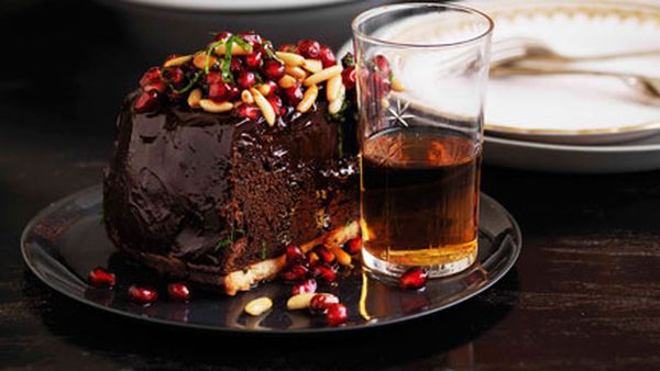 Shane Delia: Chocolate mousse tart with pomegranates and pine nuts
