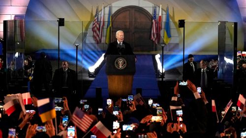 US President Joe Biden holds a speech at the Royal Castle after meeting with Polish President Andrzej Duda in Warsaw, Ukraine, Tuesday, Feb. 21, 2023