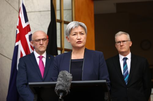 Foreign Affairs Minister Penny Wong during a press conference at Parliament House in Canberra on August 26, 2025.