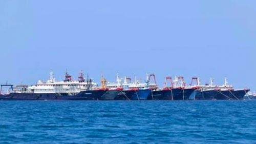 Philippine government officials released pictures of what they said were 220 Chinese vessels moored at the boomerang-shaped Whitsun Reef