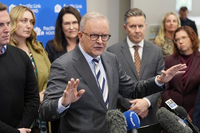 Australian Prime Minister Anthony Albanese speaks during a visit to Pacific Link Housing in the electorate of Robertson on April 28, 2025
