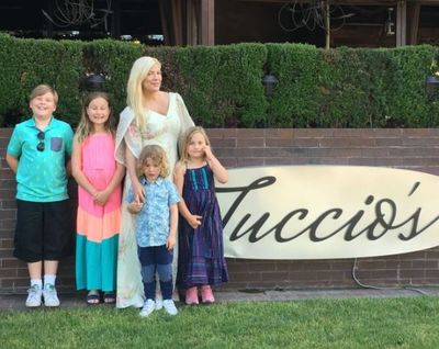 Mother's Day spent celebrating with all of the family - just as Tori wanted it. Seen here, the proud mother and her four older kids, Liam, 10, Stella, eight, Hattie, five, and Finn, four.&nbsp;