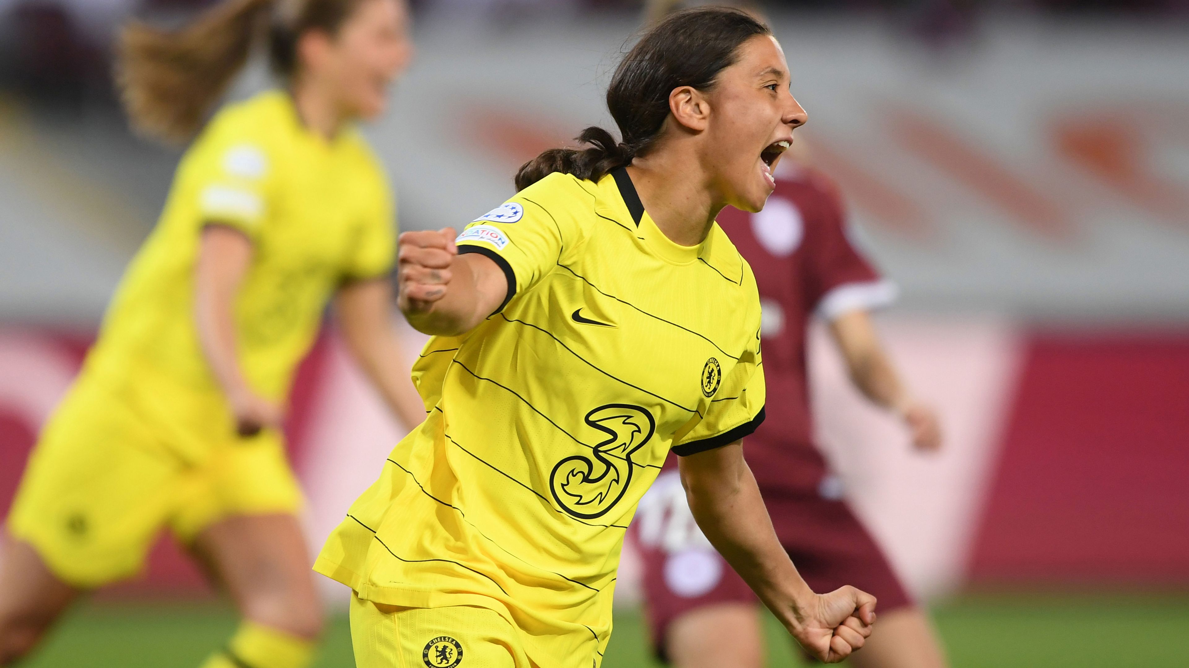 Sam Kerr of Chelsea celebrates after her team&#x27;s first goal during their UEFA Women&#x27;s Champions League match against Servette.