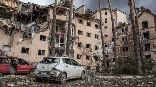 An apartment building damaged following a shelling on the town of Irpin, west of Kyiv.