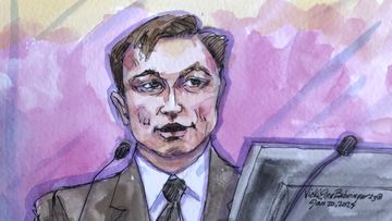 In this courtroom sketch, Elon Musk appears in federal court in San Francisco, Friday, Jan. 20, 2023. Musk took the witness stand to defend a 2018 tweet claiming he had lined up the financing to take Tesla private in a deal that never came close to happening. The tweet resulted in a $40 million settlement with securities regulators. It also led to a class-action lawsuit alleging he misled investors, pulling him into court Friday. (Vicki Behringer via AP)