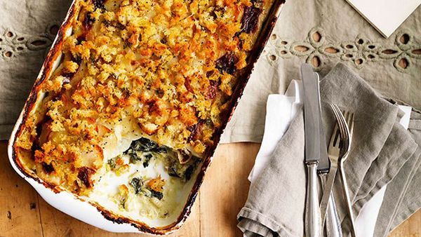 Potato, leek and silverbeet gratin