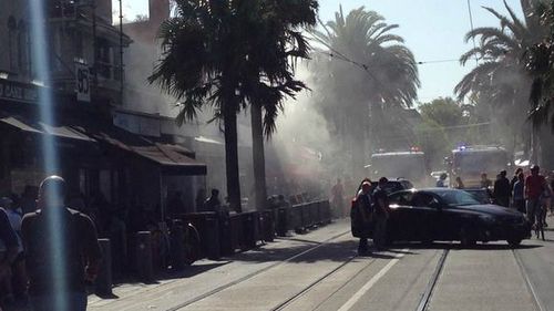 Acland Street blocked by MFB fire trucks following fire at Grill'd restaurant. (Twitter, @Duckguts)