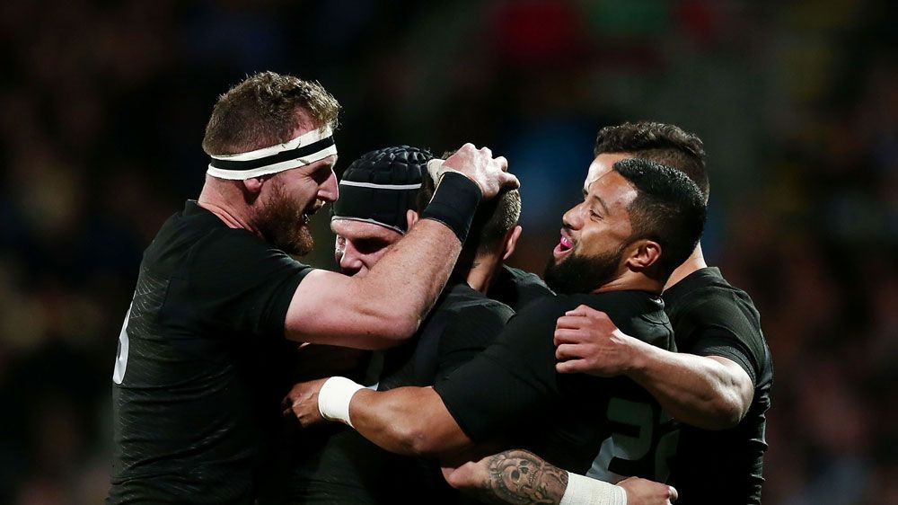 The All Blacks celebrate after a try in their win over South Africa in Christchurch to all-but seal another Rugby Championship crown.(Getty)