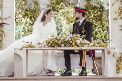 Rajwa Al-Saif, now Her Royal Highness Princess Rajwa Al Hussein, at her royal wedding to Crown Prince Hussein of Jordan at the Zahran Palace in Amman, on Thursday June 1 2023.