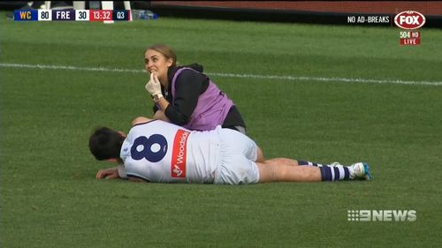 Brayshaw underwent surgery on Sunday night in the wake of a tumultuous Western Derby against Fremantle to repair his broken jaw and three displaced lower teeth. Picture: 9NEWS