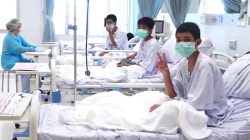 Thai boys in hospital after their rescue. Picture: Supplied