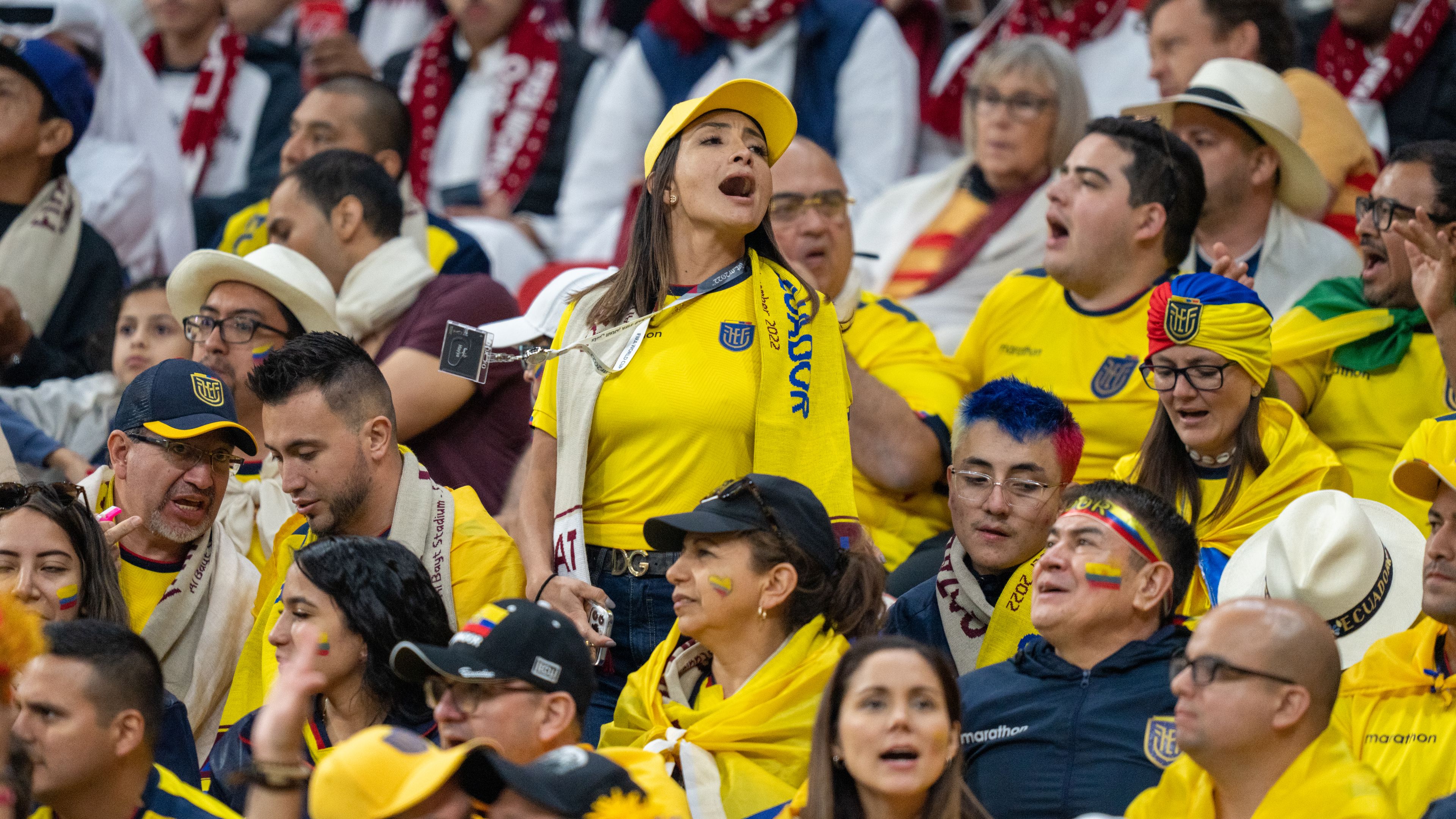 AL KHOR CITY, QATAR - NOVEMBER 20: An Ecuador fan cheers before during the FIFA World Cup Qatar 2022 Group A match between Ecuador and Qatar at Al Bayt Stadium on November 20, 2022 in Al Khor City, Qatar. (Photo by Doug Zimmerman /ISI Photos/Getty Images)
