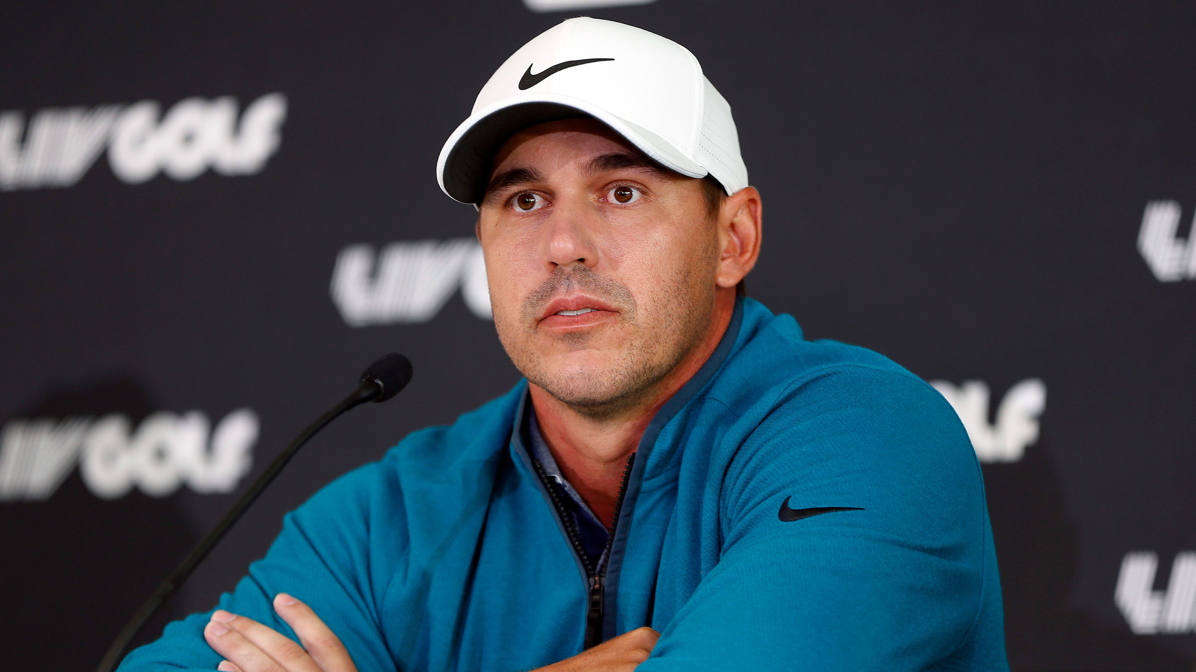 Brooks Koepka of the United States speaks to the media during a press conference prior to the LIV Golf Invitational - Portland at Pumpkin Ridge Golf Club on June 28, 2022 in North Plains, Oregon. (Photo by Jonathan Ferrey/LIV Golf via Getty Images)