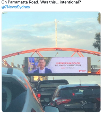 7News' 'lorem ipsum' fail on Parramatta Road, Sydney in May, 2022.
