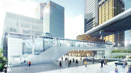 The end of the Wynyard Walk where escalators deliver pedestrians to the Barangaroo precinct. (Supplied)