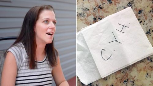 Veteran gives woman serviette note with 'three kindest letters'