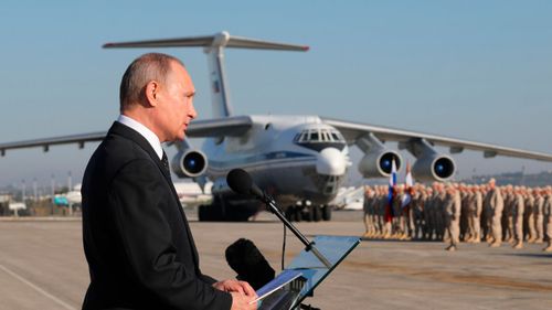 Russian President Vladimir Putin addresses soldiers in Syria. (AP).