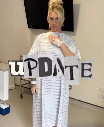 Jo O'Meara in hospital gown